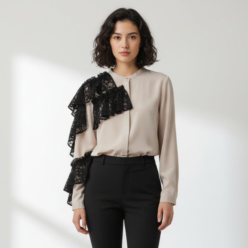 Molly Taffeta Women's Blouse Top Lace Ruffle Beige Size M NWT